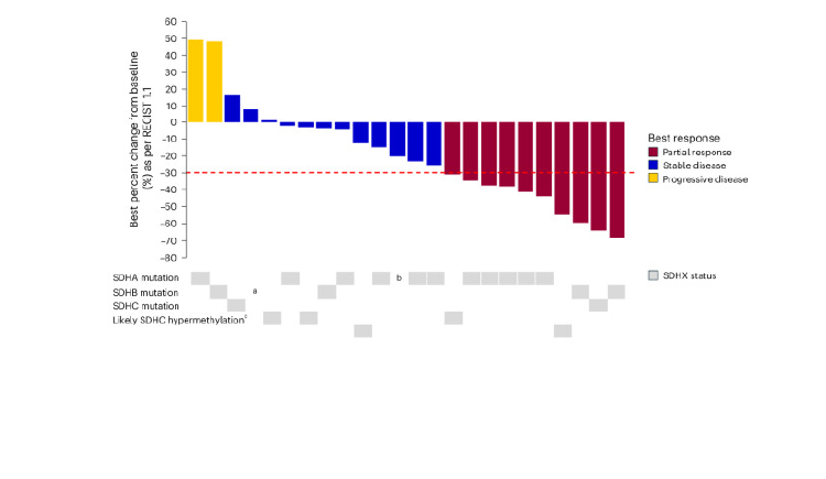 Waterfall plot demonstrating best response per patient treated annotated with SDH status.