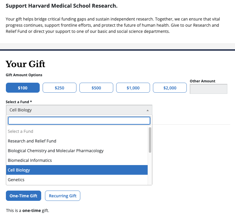 Screenshot showing the Harvard Gift page